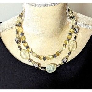 Silver tone 2 strand beaded necklace 18" lemon silver tone faux crystal